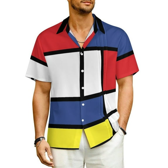 Geometic Colorblock Beach Shirt Mid Century Summer Casual Shirts Men Elegant Blouses Short