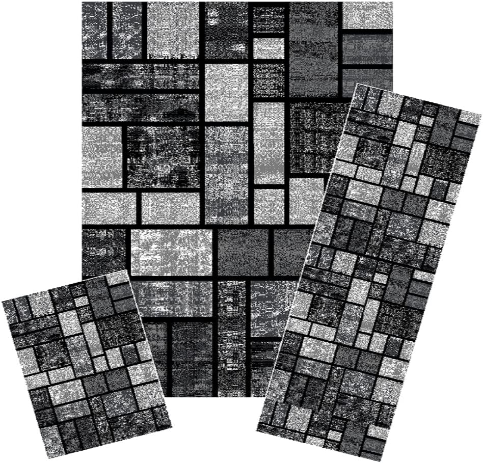 Geometric 3 Piece Rug Set Gray Modern Squares Area Rug Carpet