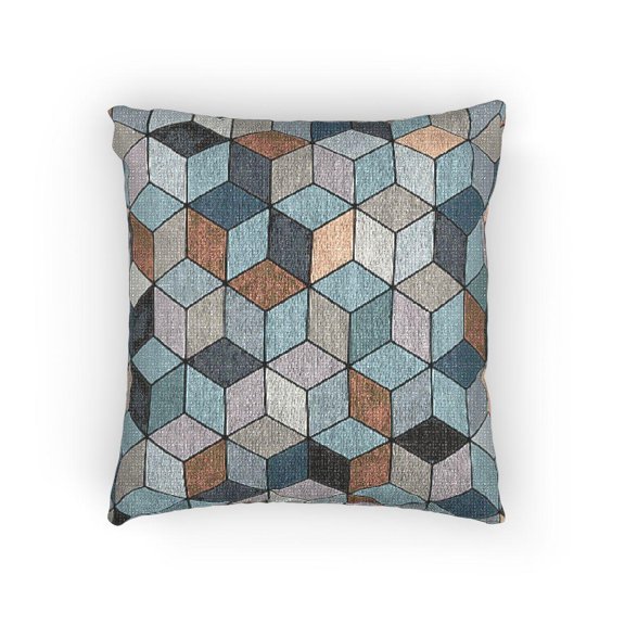 Geometric 3D Cube Blue, Gray and Brown Woven Pillow
