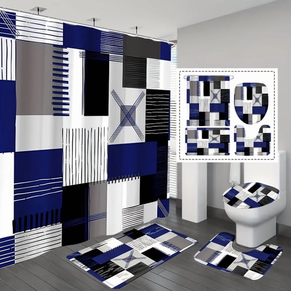 Geometric 4-Piece Shower Curtain Set, Waterproof Fabric Curtain with Non-Slip Bath Mat, U-Shaped Rug, Toilet Lid Cover & 12 Hooks, Complete Bathroom Essentials