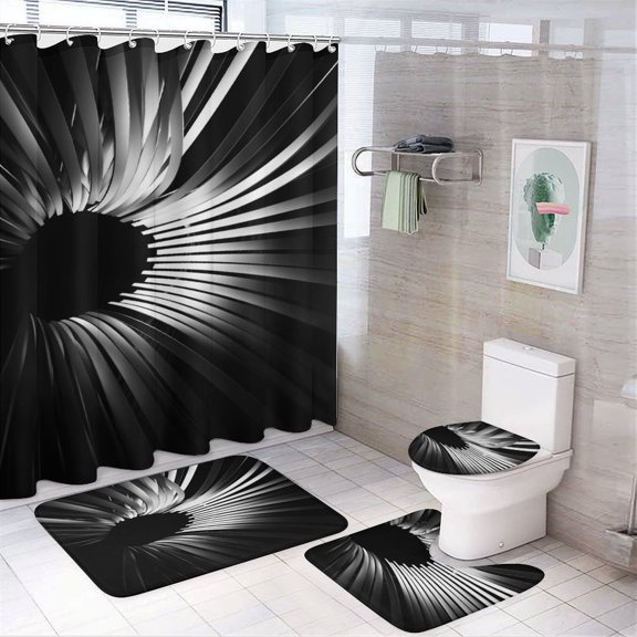 Geometric 4 Piece Shower Curtain Sets, with Non-Slip Rugs, Toilet Lid Cover And Bath Mat, for Bathroom Decor Set