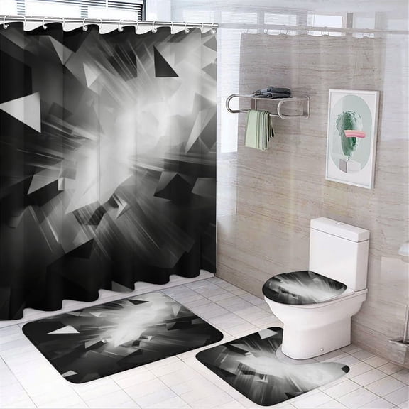 Geometric 4 Piece Shower Curtain Sets, with Non-Slip Rugs, Toilet Lid Cover And Bath Mat, for Bathroom Decor Set