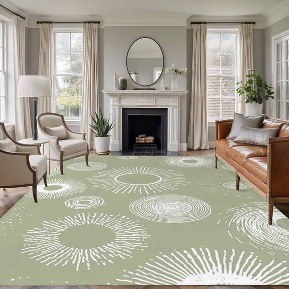 Geometric 6'x9' Area Rug for Living Room, Abstract Sage Green White Boho Circle Dot Non-Slip Floor Mat Rugs for Bedroom Dining Room, Indoor Large Carpet for Classroom, Nursery Rugs for Playroom