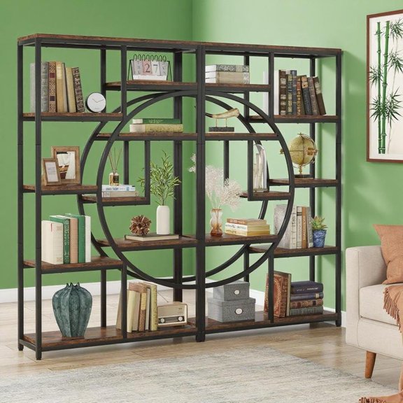 Geometric 9-Tier Open Bookshelf Black Metal Frame Rustic Brown Half-Moon Storage Bookcase for Home Office