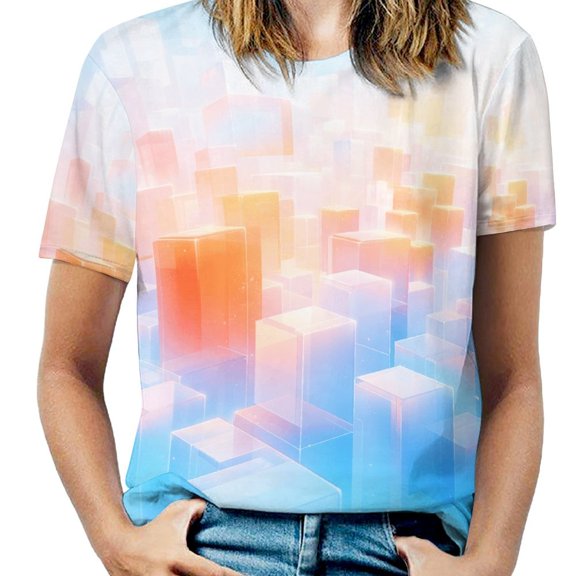 Geometric Abstract 3D Gradient Futuristic Cubes Women's Short Sleeve Tops Casual Blouses T Shirt