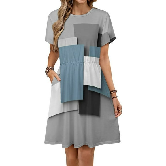 Geometric Abstract Art Black Blue Grey Dress Fashion Beach Short Sleeve Dresses Female Party Printed Sundress