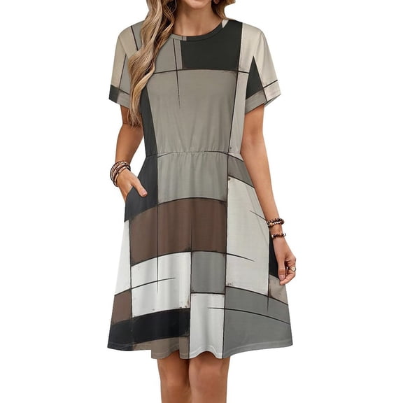 Geometric Abstract Art Black Brown Grey Short Sleeve Dress Women Summer Evening Dresses Ladies Sundress