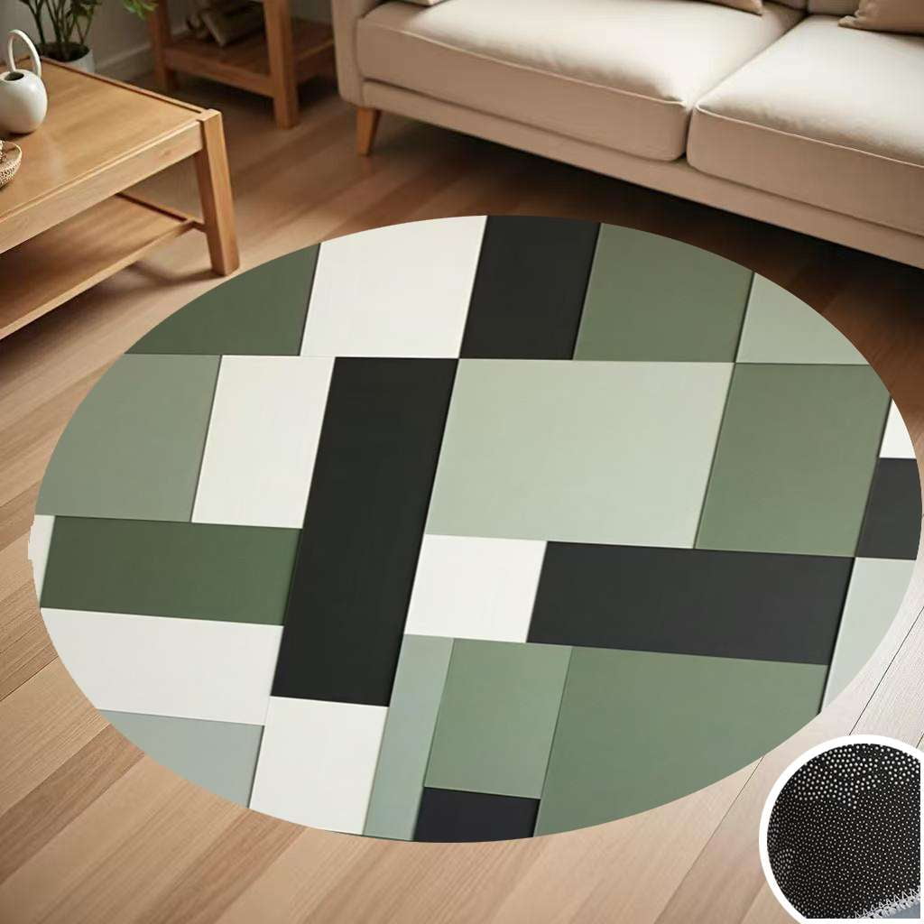 Geometric Abstract Art Black Green Grey Round Carpet Living Room