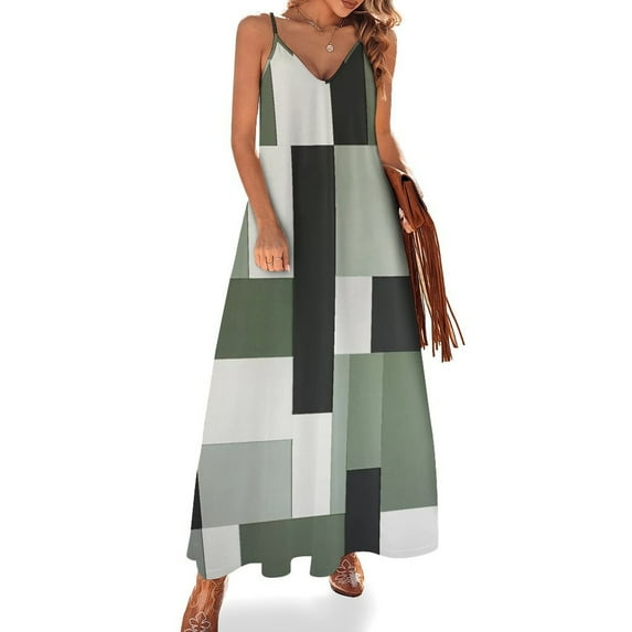 Geometric Abstract Art Black Green Grey Sleeveless Suspender Dress Summer Fashion Casual Long Dress