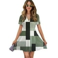 thumbnail image 1 of Geometric Abstract Art Black Green Grey Women Dress V-Neck Short Sleeve Flowy Swing Party Midi Dress, 1 of 4