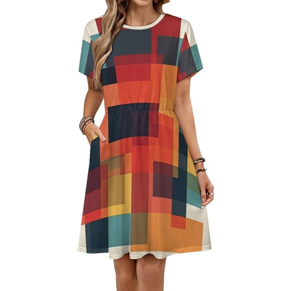 Geometric Abstract Art Colorful Squares Short Sleeve Dress Women Summer Evening Dresses Ladies Sundress