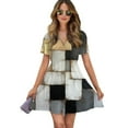 thumbnail image 1 of Geometric Abstract Art Gray Black Gold Retro Women Dress V-Neck Short Sleeve Flowy Swing Party Midi Dress, 1 of 4