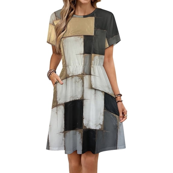 Geometric Abstract Art Gray Black Gold Retro Women's Dress Short Sleeve Summer Sundress Summer Women Clothes