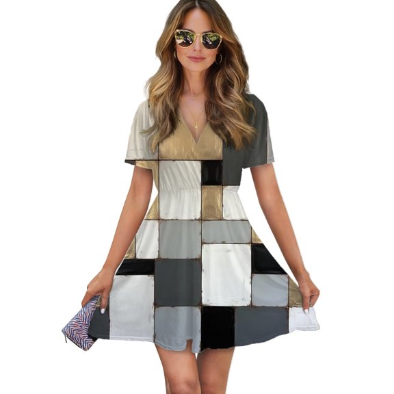 Geometric Abstract Art Gray Black Gold Vinatge Women Dress V-Neck Short Sleeve Flowy Swing Party Midi Dress