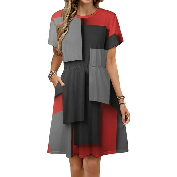 Geometric Abstract Art Red Black Grey Dress Fashion Beach Short Sleeve Dresses Female Party Printed Sundress