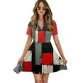 thumbnail image 1 of Geometric Abstract Art Red Black Grey Red Women Dress V-Neck Short Sleeve Flowy Swing Party Midi Dress, 1 of 4