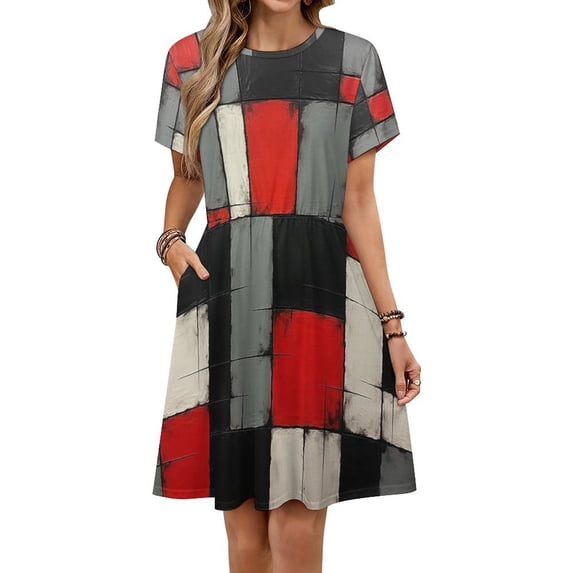 Geometric Abstract Art Red Black Grey Red Women's Dress Short Sleeve Summer Sundress Summer Women Clothes