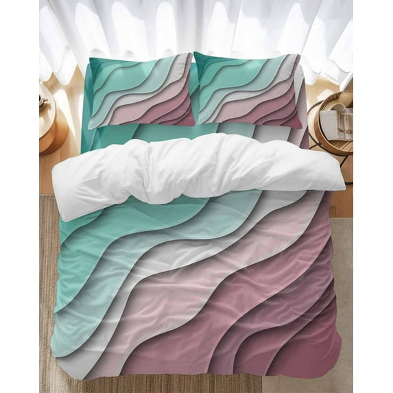 Geometric Abstract Bedding Duvet Cover Set Full Size 4 Pieces Green Pink Gradient Soft Twill Plush Quilt Cover, Include 1 Duvet Cover 1 Flat Sheet And 2 Pillow