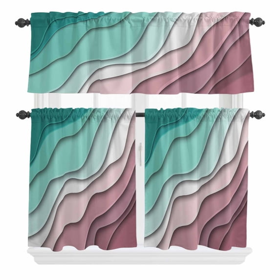 Geometric Abstract Curtain Valances Set Green Pink Gradient Kitchen Curtains 36 inch Length Rod Pocket Valance and Tiers 3 Piece Set Small Bedroom Bathroom Laundry Decor