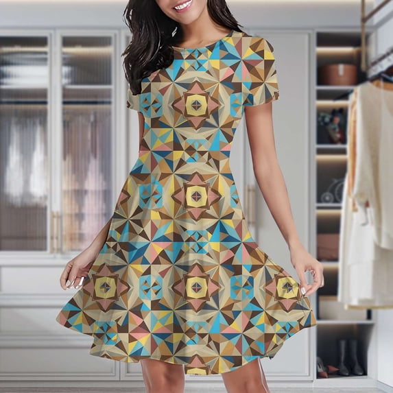 Geometric Abstract Kaleidoscope Pattern Women's Classic Swing Skater Dress Casual Work Party Cocktail Dresses