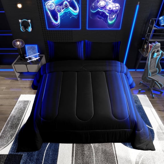Geometric Abstract Ombre Comforter Set Teens Dark Blue and Black Striped Bedding Bed Set Decor Modern Fashion Comforter Inner Fill Bedroom Collection 3Pcs Full Size