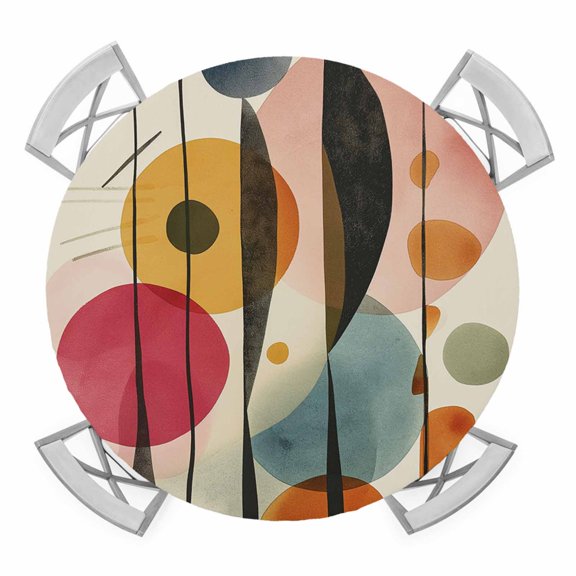 Geometric Abstract Round Tablecloth for 45-54 Inch Tables,Fitted Table Cover with Elastic Edge,Modern Vintage Oil Painting Art Waterproof Outdoor Table Cloth Protector for Patio Garden Dinner Picnic