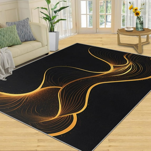 Geometric Abstract Rugs For Living Room, Simple Black Gold Rugs For Bedroom, Ultra Soft Short Pile Machine Washable Carpet For Kids Room Under Kitchen Table Apartment Office
