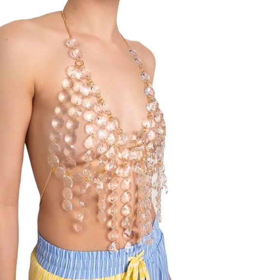 Geometric Acrylic Tassels Embellished Body Jewelry Crop Top Festivals Halterneck Backless Body Chain Camisole for Women