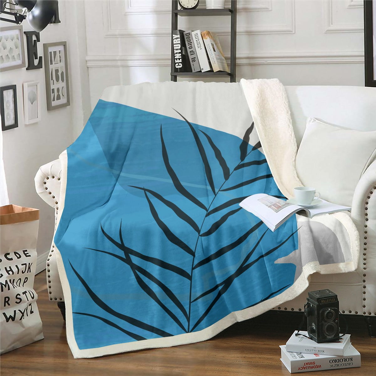 Geometric Aesthetic Throw Blanket for Couch Navy Blue Grey Fleece Blanket, Modern Minimalism
