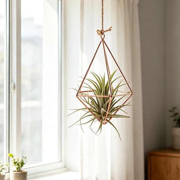 Geometric Air Plant Holder with Hanging Chain, Metal Hanging Tillandsia Holder, 3 Different Size Macrame Plant Holder, for Small Air Plants Indoor Garden Wall Decor
