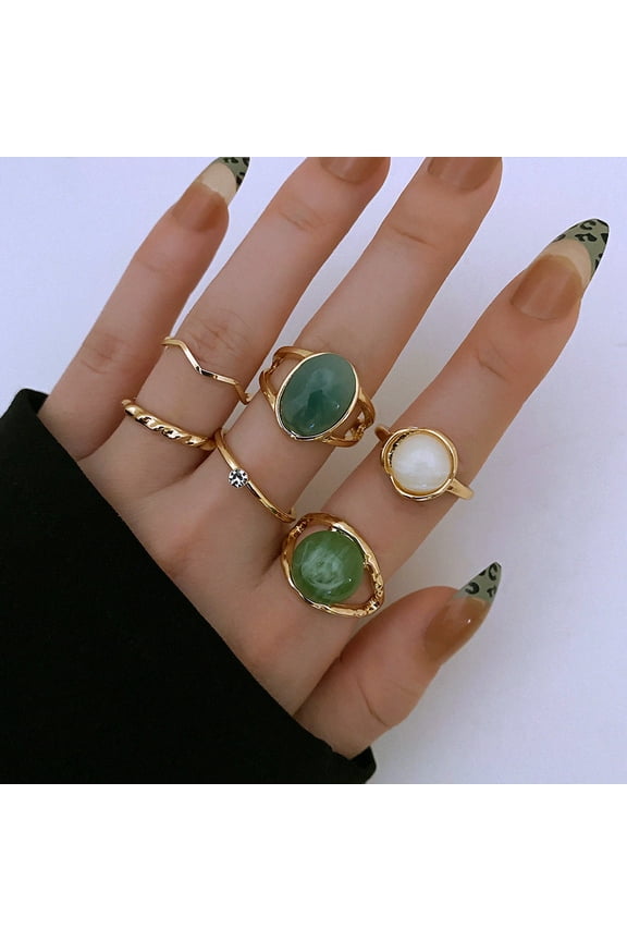 Geometric Alloy Knuckle Rings Set - 6-Piece Unisex Rings with Artificial Beryl Inlay - Retro, Metal, and Hot Drill Elements