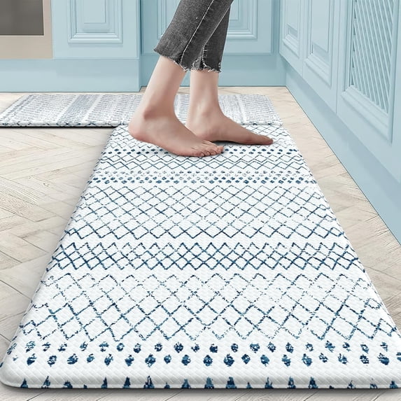 Geometric Anti Fatigue Kitchen Mats, Waterproof Non-Slip Cushioned Blue Kitchen Rugs,Ergonomic Comfort Memory Foam Standing Desk for Office,Laundry Room,Sink 17.3"x29" + 17.3"x47"(2 PCS)