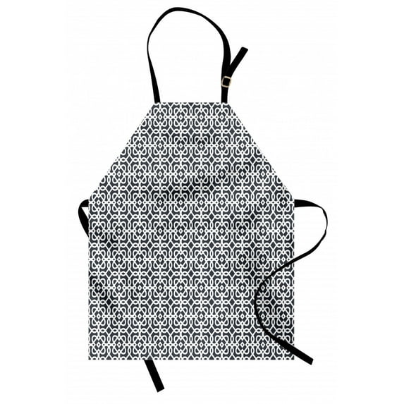 Geometric Apron Dark Toned Background Swirled Lines Squares Rectangles Abstract Motif, Unisex Kitchen Bib Apron with Adjustable Neck for Cooking Baking Gardening, Charcoal Grey White, by Ambesonne