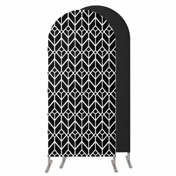 Geometric Arch Backdrop Cover 4 FT,Spandex Wedding Arch Stand Covers Stretchy Backdrop,Modern Abstract Lines Texture Black Round Top Party Arched Background for Birthday Event Baby Shower Decorations