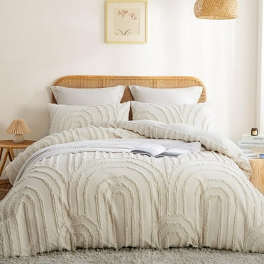 Geometric Arch Pattern Tufted Microfiber Duvet Cover Set Beige Boho Shabby Chic Luxury Soft Bedding Set,Queen Size