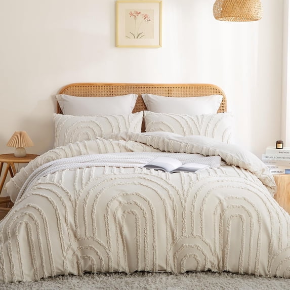 Nayoroom 2 Pieces Geometric Arch Pattern Tufted Microfiber Duvet Cover Set Beige Boho Shabby Chic Luxury Soft Bedding Set,Twin Size