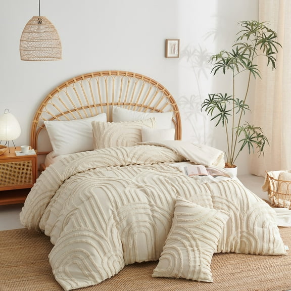 Geometric Arch Pattern Tufted Microfiber Twin Comforter Set Beige Farmhouse Shabby Chic Embroidery Luxury Soft Bedding Set for All Seasons