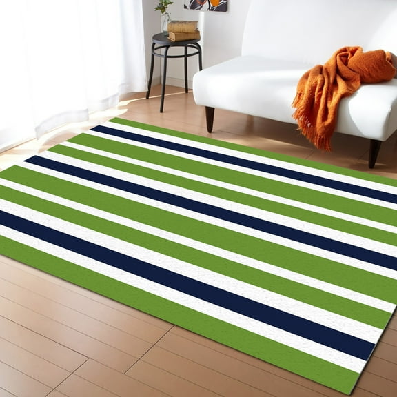 Geometric Area Rug 5'x7' Green Navy Blue White Geometric Stripes Washable Area Rugs Non Shedding Floor Carpet Rubber Backing Non-Slip Indoor Mats for Living Room Bedroom Kitchen