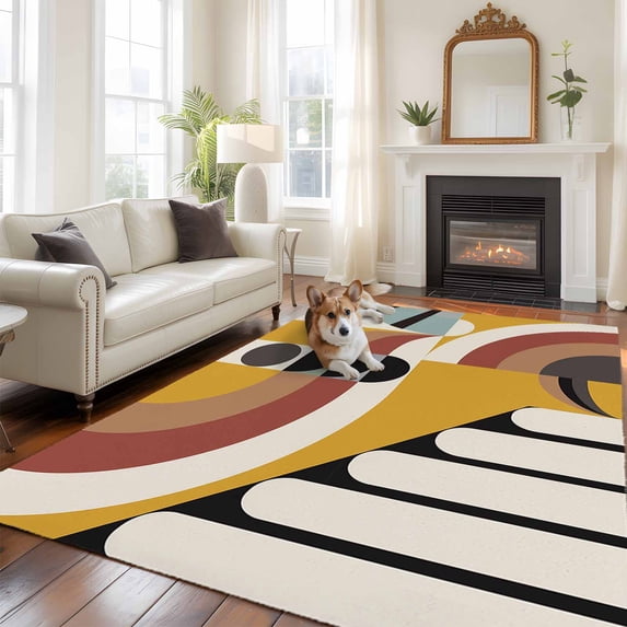 Geometric, Area Rug 5x7 FT, Non Slip Bedroom Throw Carpet, Abstract Black Middle Century Boho Yellow Red Stripes Washable Soft Floor Carpet Non-Shedding Rug for Dining Room Bedside Classroom Desk