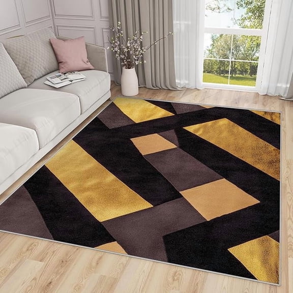 Geometric Area Rug - Modern Minimalist Abstract Black Gold Brown Rugs for Living Room Non Slip Low Pile Machine Washable Dining Room Rug,Geometric Carpet Home Decor 3 x 5ft