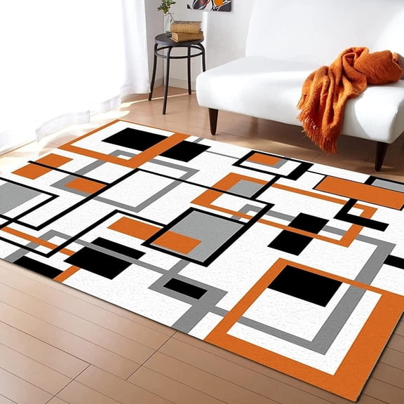 Geometric Area Rug, Modern Orange Black And Gray Square Area Rug, Non-slip Easy Clean Water Absorbent Pet Friendly Washable Area Rug For Living Room Bedroom Kitchen Entryway Office 1x2ft