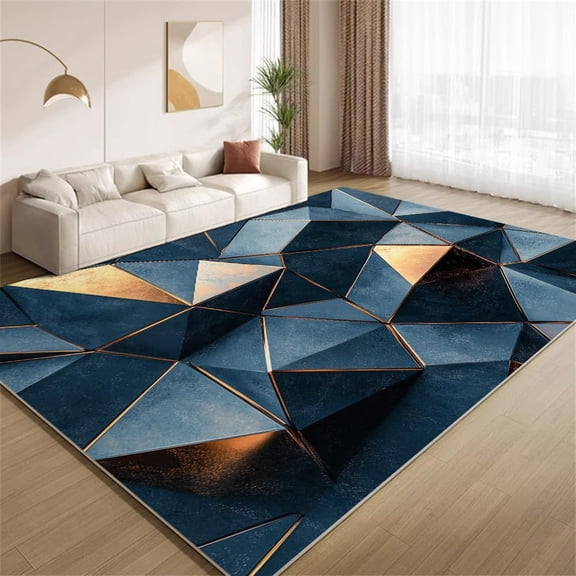 Geometric Area Rugs, Black Blue Irregular Gold Carpet, Washable Non Slip Low Pile Soft Rug for Living Room Bedroom Entry Decor Mat 3ftx5ft