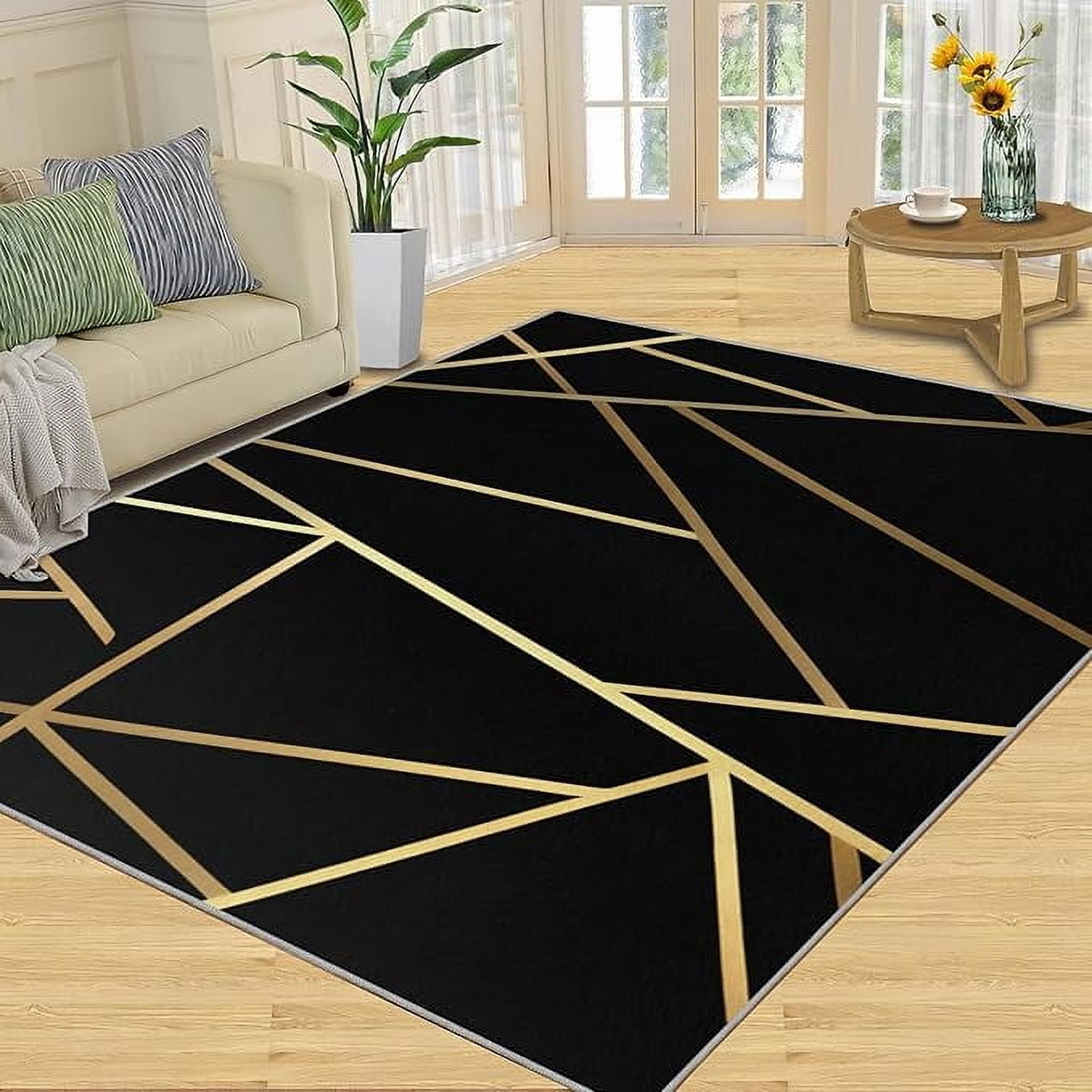 Geometric Area Rugs, Modern Abstract Black Gold Lines Decor Rug, Low ...
