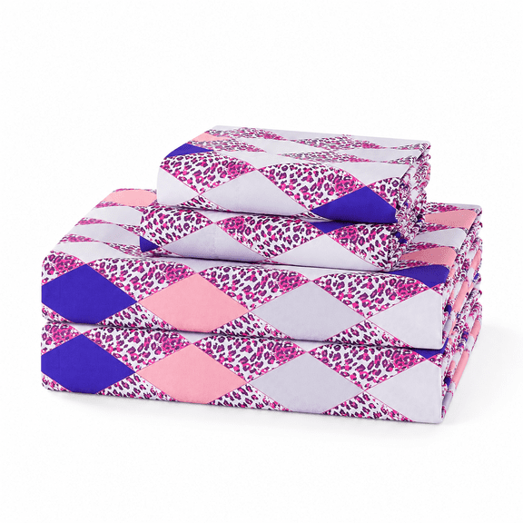 Geometric Argyle Leopard Print Full Sheet Set Patternedfiber Bed Fitted Sheets With 15" Deep Pocket & Non-slip Corner Straps Pink