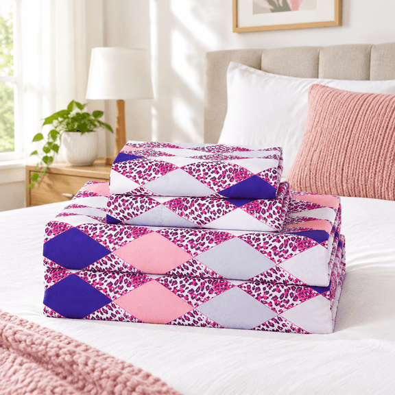Geometric Argyle Leopard Print Full Sheet Set Patternedfiber Bed Fitted Sheets With 15" Deep Pocket & Non-slip Corner Straps Pink