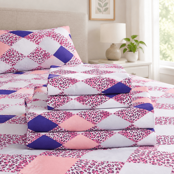 Geometric Argyle Leopard Print Full Sheet Set Patternedfiber Bed Fitted Sheets With 15" Deep Pocket & Non-slip Corner Straps Pink