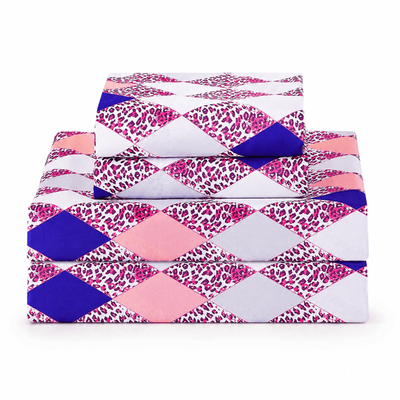 Geometric Argyle Leopard Print Full Sheet Set Patternedfiber Bed Fitted Sheets With 15" Deep Pocket & Non-slip Corner Straps Pink