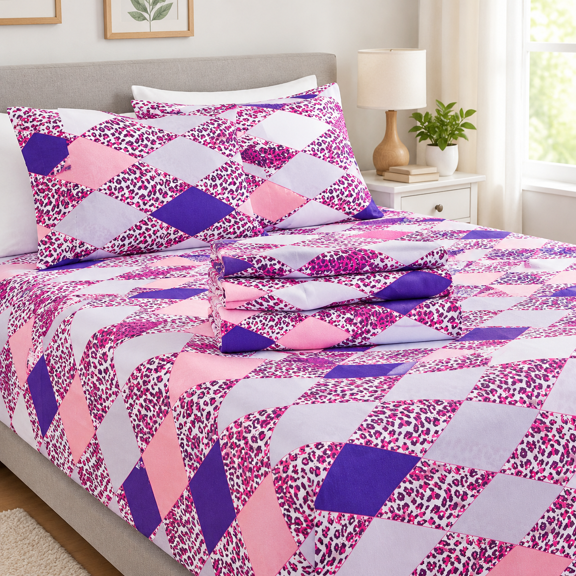 Geometric Argyle Leopard Print Full Sheet Set Patternedfiber Bed Fitted Sheets With 15" Deep Pocket & Non-slip Corner Straps Pink