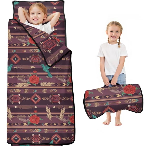 Geometric Arrow Red Pattern Teens Toddler Nap Mat with Pillow, Sleeping Mat Bag for Preschool Daycare 60"x20"