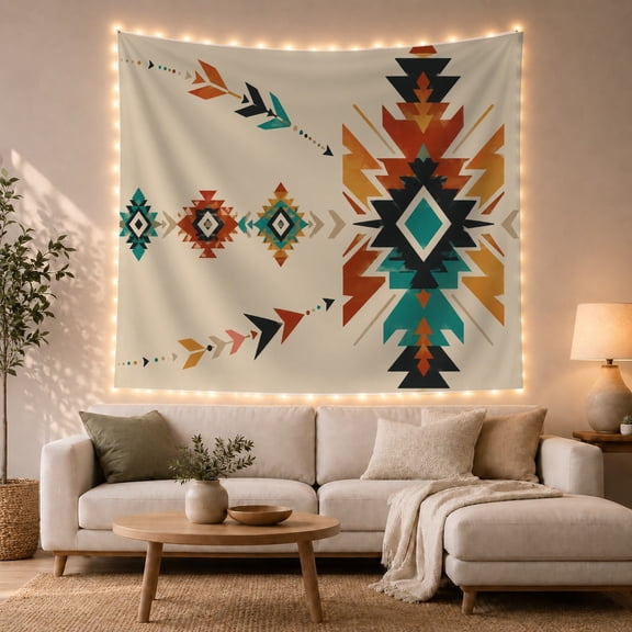Geometric Arrows and Diamonds on Cream Background, Nostalgic Folk Art for Boho Enthusiasts, Modern Tribal Wall Decor, Housewarming Gift, Tapestry Wall Hanging for Living Room and Bedroom